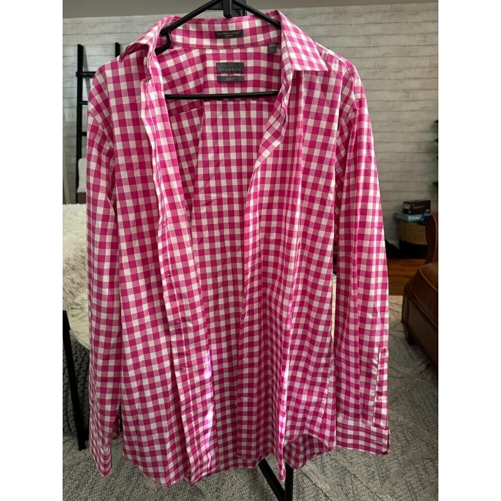 Calibrate White/Pink/plumish Plaid Trim Fit LongSleeve Button Down Shirt Sz 16.5
